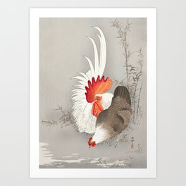 Rooster and hen in the field  - Vintage Japanese Woodblock Print Art Art Print
