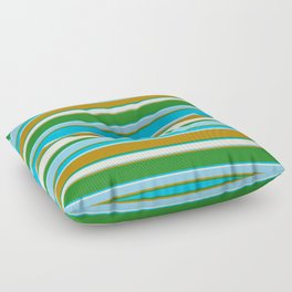 [ Thumbnail: Forest Green, Deep Sky Blue, Beige, Sky Blue, and Dark Goldenrod Colored Striped/Lined Pattern Floor Pillow ]