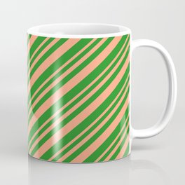 [ Thumbnail: Light Salmon & Forest Green Colored Lined Pattern Coffee Mug ]