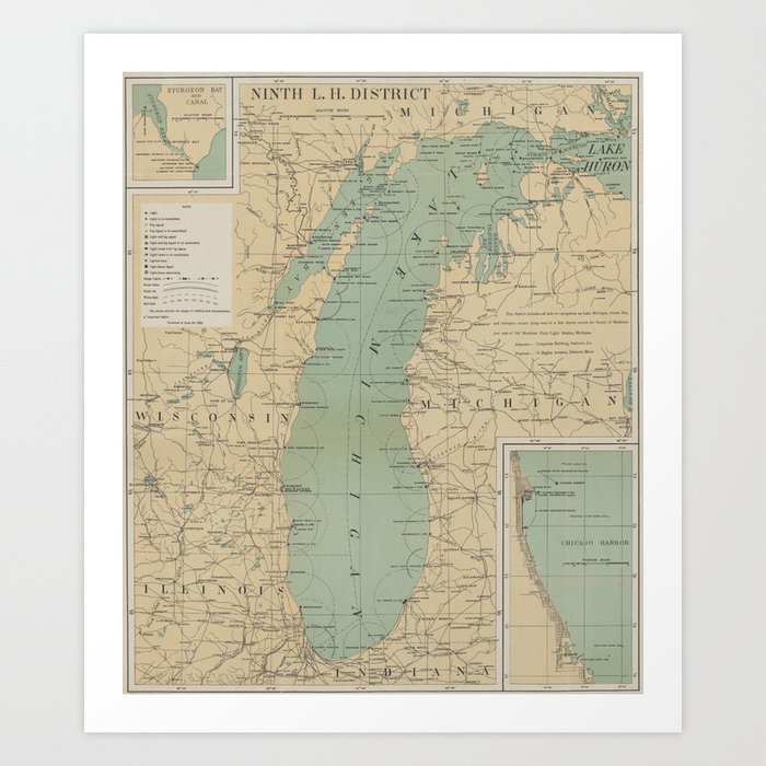 Vintage Lake Michigan Lighthouse Map (1898) Art Print