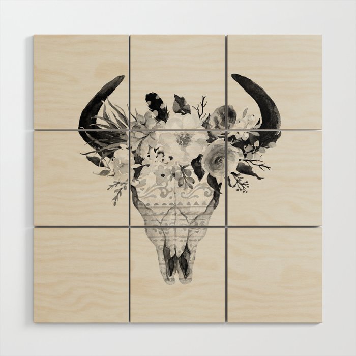 Monochrome Floral bohemian black and white watercolor animal stag head skull  boho home wall decor Wood Wall Art by The Motivated Type | Society6