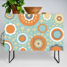 Contemporary Geometric Shapes Circles Dots and Flowers in Orange Turquoise and Gray Credenza