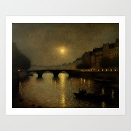 River Siene Paris Gold Night Pointillism Art Print