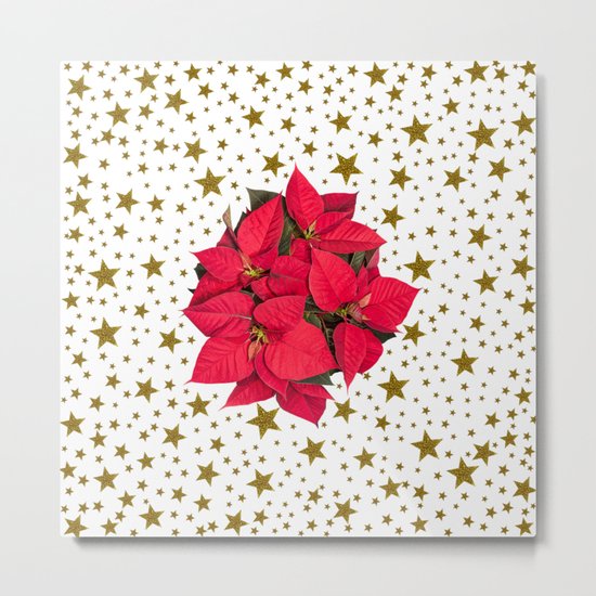 Red Christmas flower and sparkly gold stars Metal Print