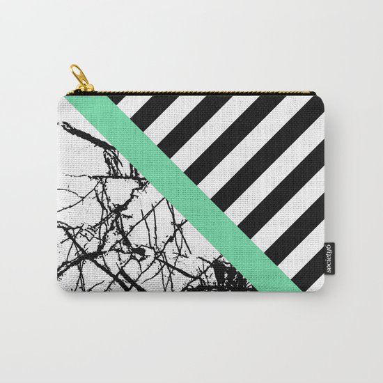 Stripes N Marble - Black and white geometric stripes and marble pattern, bold on green background Carry-All Pouch