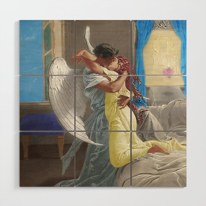 The lovers; the kiss angelic romantic encounter portrait painting by Mihály Zichy Wood Wall Art