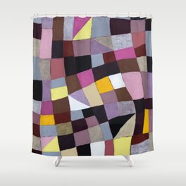 An irregular grid painting, with violets and yellows predominant. Shower Curtain