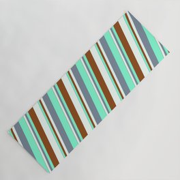 [ Thumbnail: Light Slate Gray, Aquamarine, Brown & Mint Cream Colored Stripes/Lines Pattern Yoga Mat ]