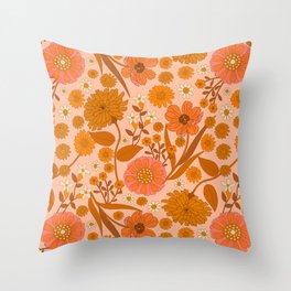 Seventies Flower Garden-Pink Orange Mustard Throw Pillow