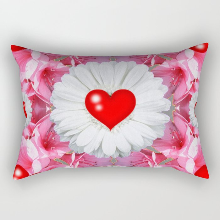 Red Hearts & White Floral Art Rectangular Pillow