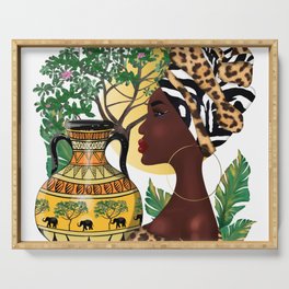 African woman,vase ,fashion art ,white background ,round earrings. Serving Tray