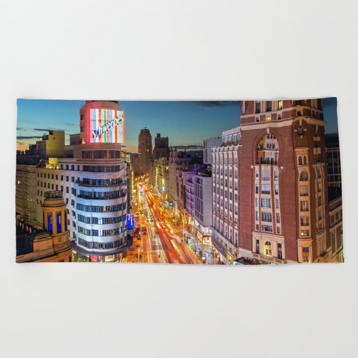 Spain Photography - Downtown Madrid Lit Up In The Night Beach Towel