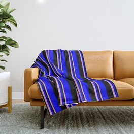 [ Thumbnail: Plum, Black, and Blue Colored Lines Pattern Throw Blanket ]
