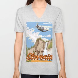 Fly To Slovenia Vintage style travel poster. V Neck T Shirt