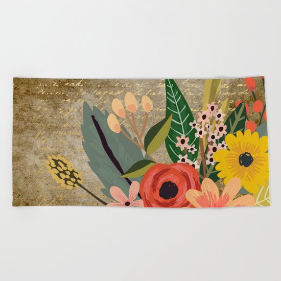 Flower bouquet letter gold #10 Beach Towel