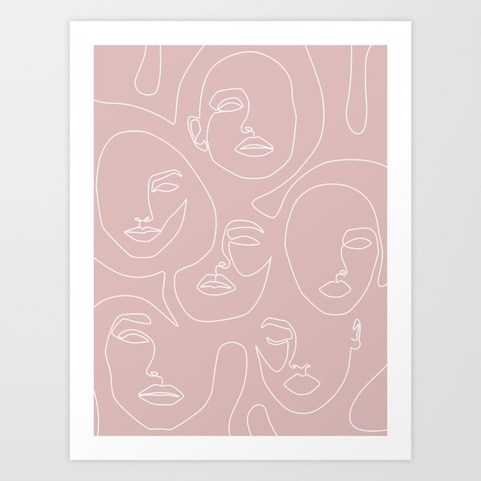 Pastel Pink Faces / Blush pattern of female faces in fine line drawing / Explicit Design Art Print