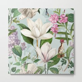 Magnolia Lilac and Birds Metal Print | Nature, Birds, Elegant, Magnolia, Flowers, Pastel, Mint, Tropical, Magnolias, Green 
