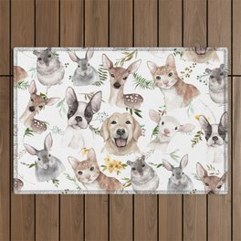 Watercolor black white brown forest animals green foliage floral  Outdoor Rug