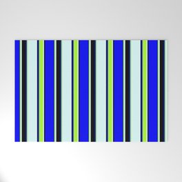 [ Thumbnail: Blue, Light Green, Light Cyan & Black Colored Striped/Lined Pattern Welcome Mat ]