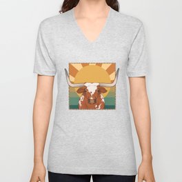 Sunset Longhorn  V Neck T Shirt