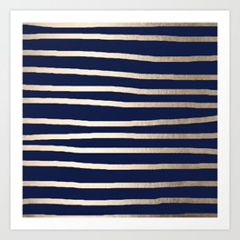Drawn Stripes White Gold Sands on Nautical Navy Blue Art Print