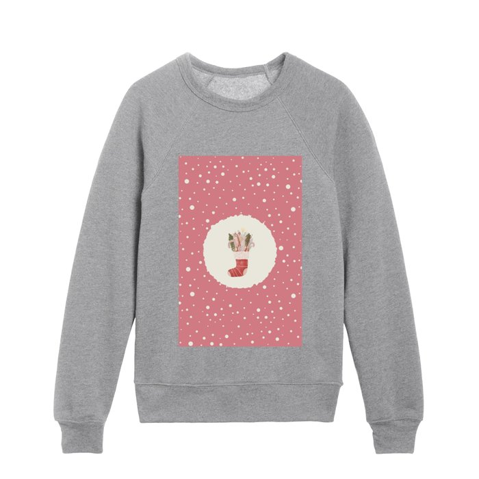 Christmas Stocking With Candy and Snow Balls on Dark Blush Pink Kids Crewneck