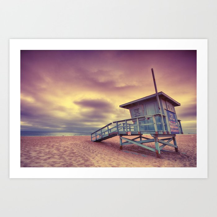 Lifeguard tower at sunset at Hermosa Beach, California Art Print