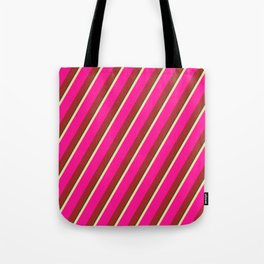 [ Thumbnail: Tan, Deep Pink, Brown & Dark Green Colored Stripes/Lines Pattern Tote Bag ]