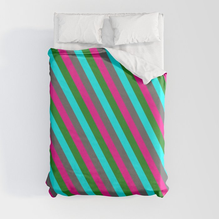 Dim Gray, Deep Pink, Forest Green & Cyan Colored Stripes/Lines Pattern Duvet Cover