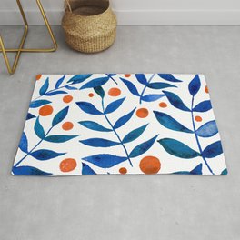 Watercolor berries and branches - blue and orange Area & Throw Rug
