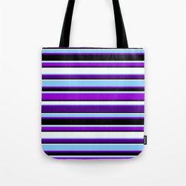 [ Thumbnail: Vibrant Light Sky Blue, Dark Violet, Indigo, Black, and Mint Cream Colored Striped Pattern Tote Bag ]