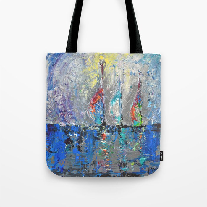 Three Sailboats Abstract Acrylic Painting Sea Landscape Blue