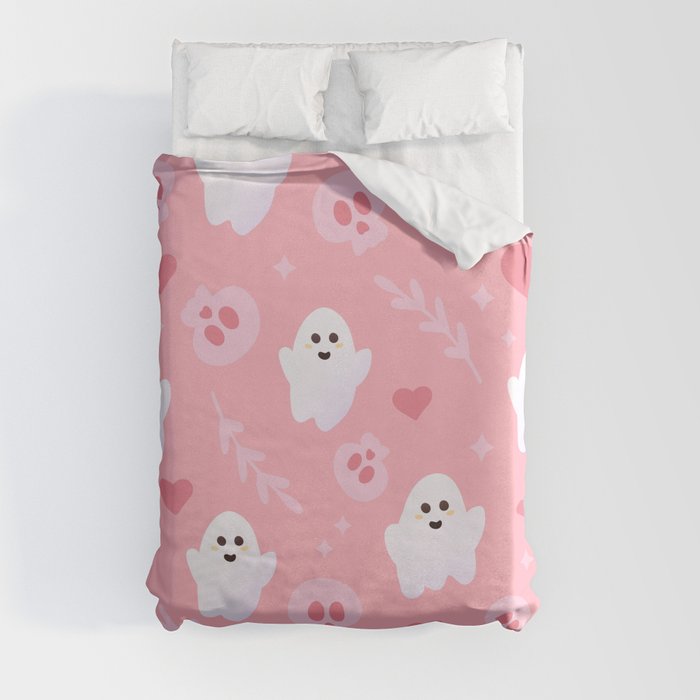 Ghost Cute Seamless Pattern in Pink Colours with Skulls, Hearts and Leaves Duvet Cover