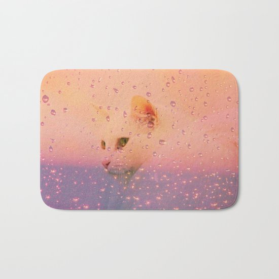White Cat, rainy Day Bath Mat