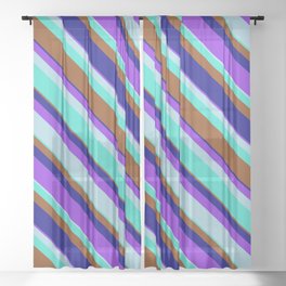 [ Thumbnail: Eyecatching Purple, Light Blue, Turquoise, Brown & Blue Colored Striped Pattern Sheer Curtain ]