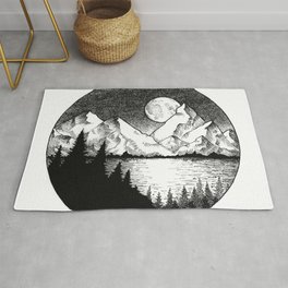 Moonlit Alaska Rug | Jazmyntauro, Moon, Blackandwhite, Tauro, Tauroart, Landscape, Drawing, Mountains, Fineline 