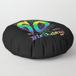 [ Thumbnail: 60th Birthday - Fun Rainbow Spectrum Gradient Pattern Text, Bursting Fireworks Inspired Background Floor Pillow ]
