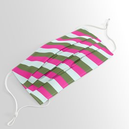 [ Thumbnail: Light Cyan, Dark Olive Green, and Deep Pink Colored Lines/Stripes Pattern Face Mask ]
