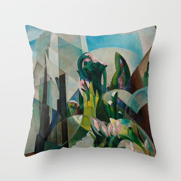 The White Tower, cubist cityscape with orchids by Mary Swanzy Throw Pillow