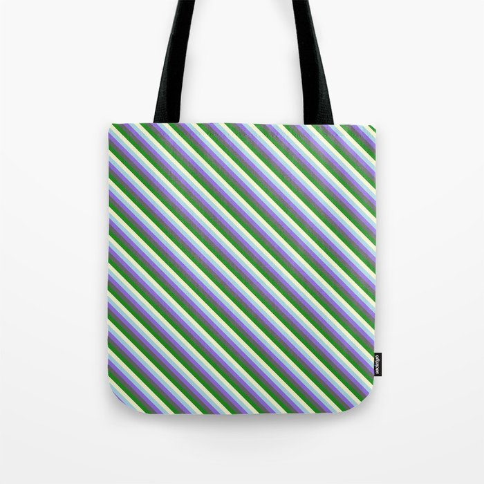 Colorful Light Blue, Purple, Dim Grey, Forest Green, and Light Yellow Colored Lined Pattern Tote Bag