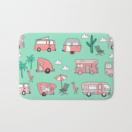 Camper summer vacation tropical pattern RV van life print by andrea lauren Bath Mat