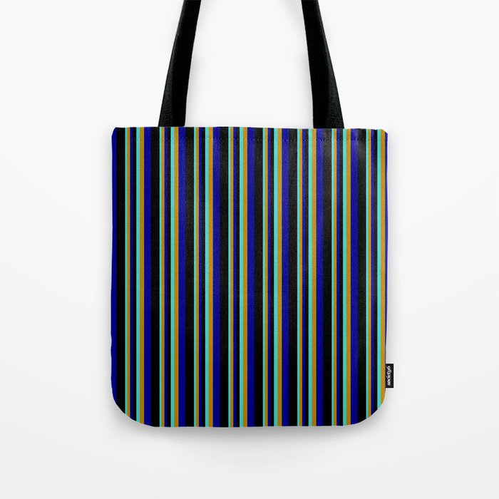 Turquoise, Dark Goldenrod, Dark Blue & Black Colored Stripes Pattern Tote Bag