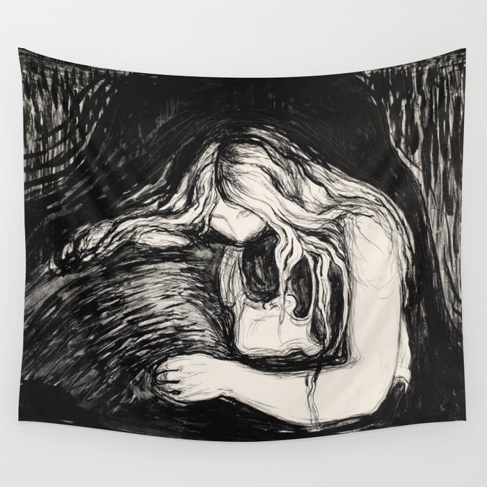 Love and Pain (Vampire I) Edvard Munch Black White Print Wall Tapestry