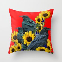 DECORATIVE RED ART SUNFLOWERS & CROW/RAVENS COVEN Throw Pillow