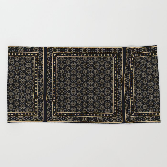 Black and gold abstract graphic pattern. Geometric ornament with frame, border. Line art, lace, embroidery background. Bandanna, shawl, scarf, tablecloth design Beach Towel