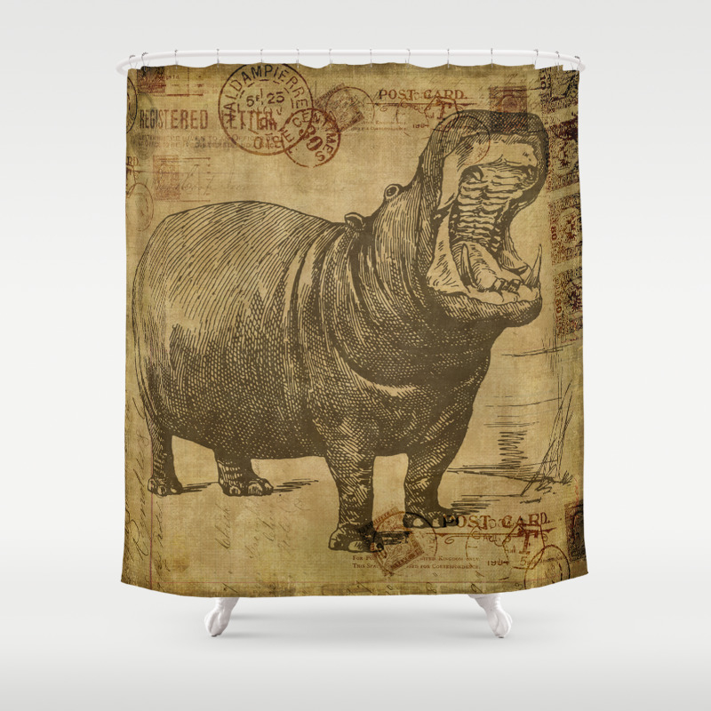 Vintage Retro Hippo Wildlife Animal, Wild Animal Shower Curtain