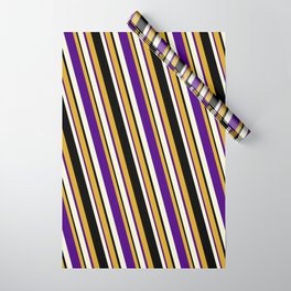 [ Thumbnail: Goldenrod, Indigo, Beige & Black Colored Pattern of Stripes Wrapping Paper ]