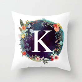Personalized Monogram Initial Letter K Floral Wreath Artwork Throw Pillow