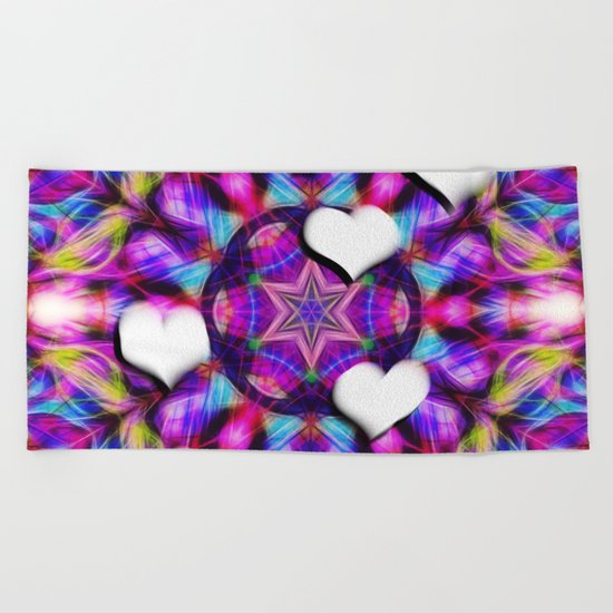 Floating hearts on abstract vibrant kaleidoscope Beach Towel