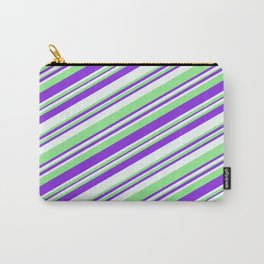 [ Thumbnail: Purple, Mint Cream & Light Green Colored Striped Pattern Carry-All Pouch ]